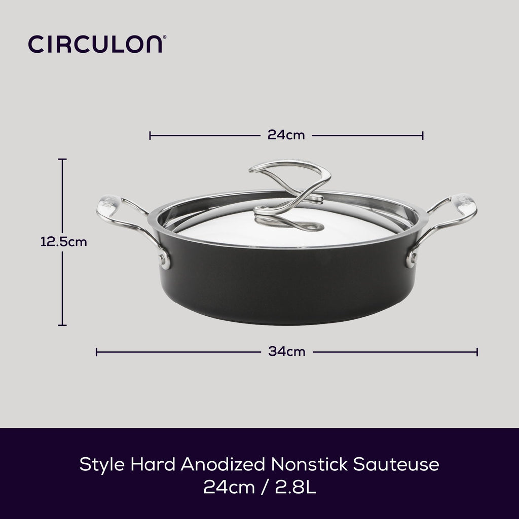 Circulon Style Hard Anodised Non-Stick Sauteuse Pan | 24cm/2.8L Black