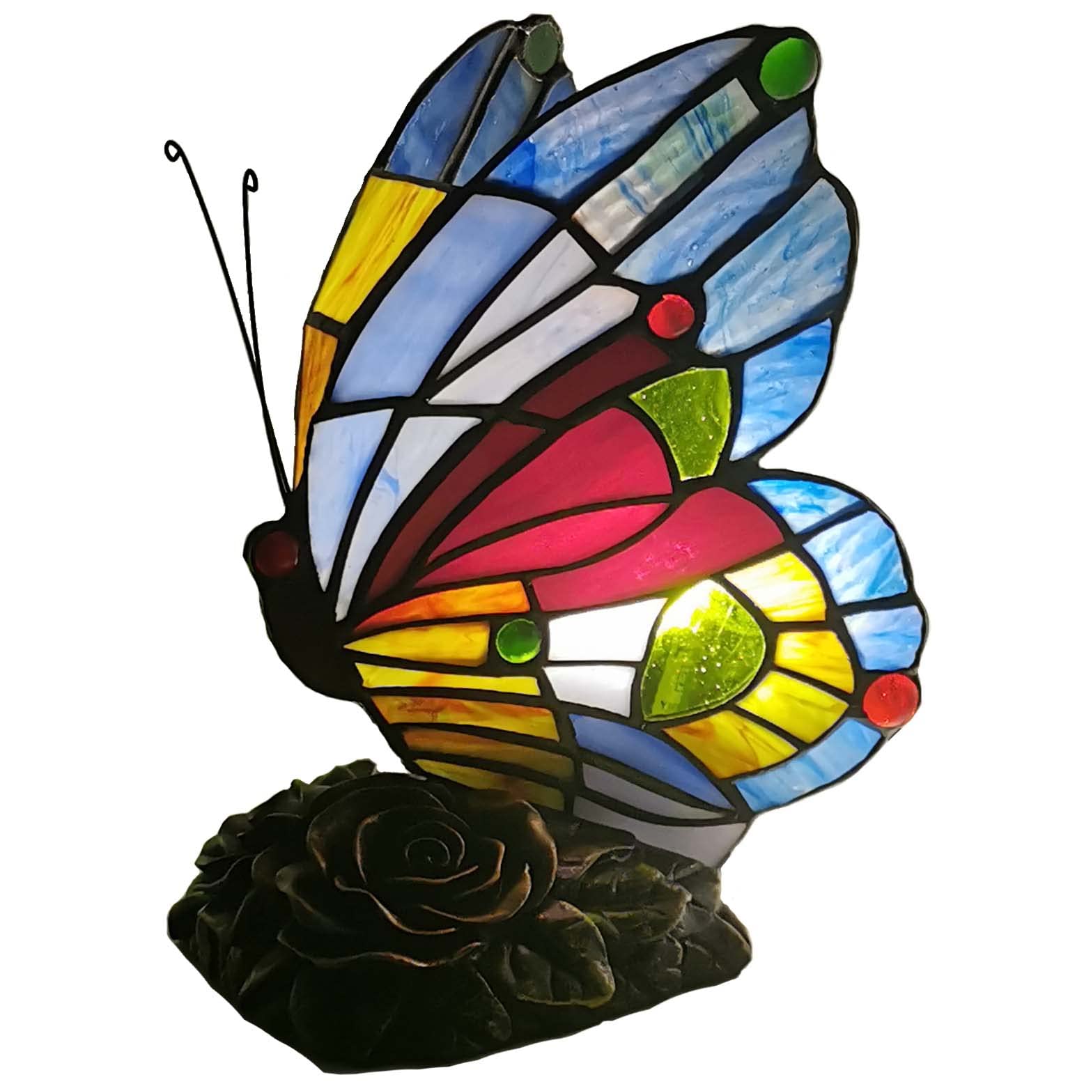 Bieye Butterfly Tiffany Style Stained Glass Table Lamp | Blue & Red