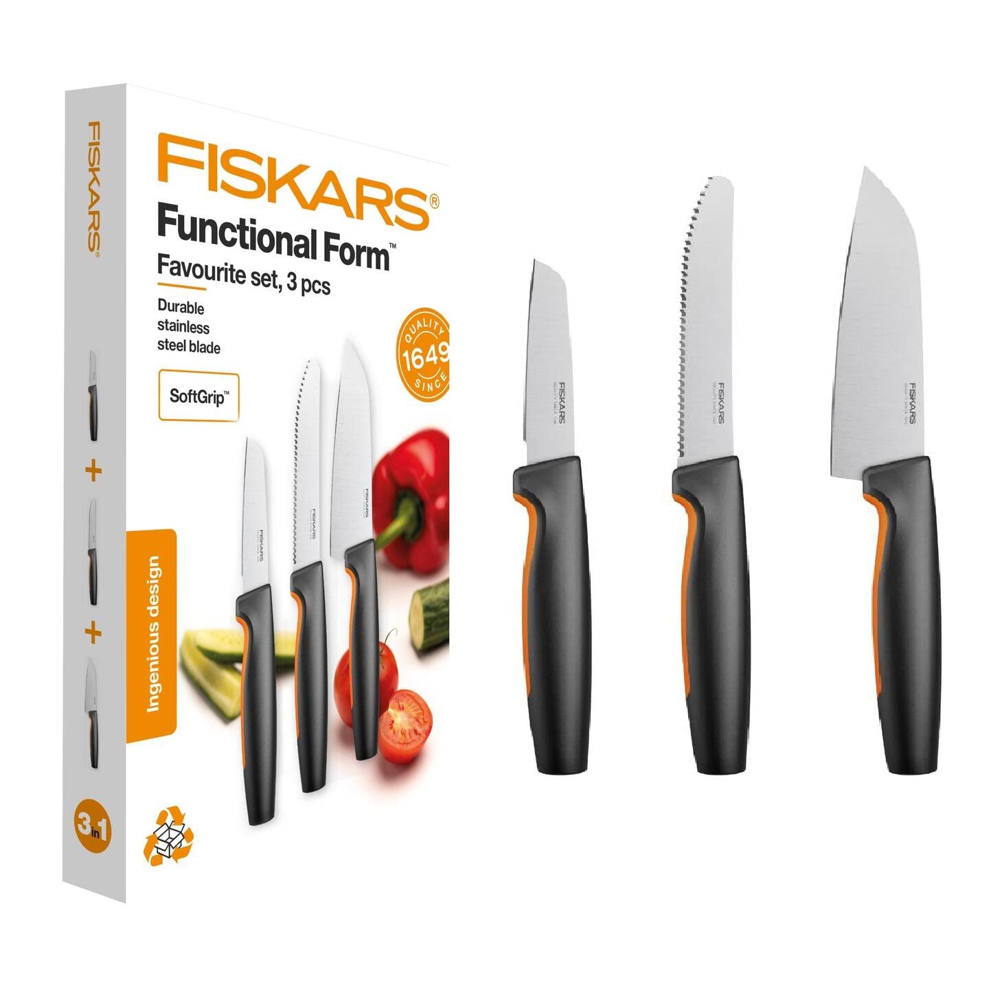 Fiskars 3-Piece Kitchen Knife Set | Japanese Stainless Steel Cutlery