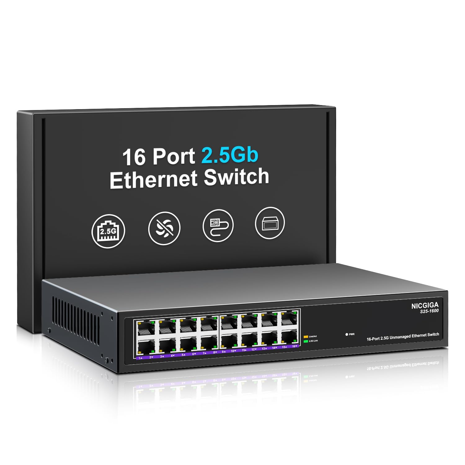 NICGIGA 16 Port 2.5Gb Unmanaged Ethernet Switch | Rack Mount Fanless