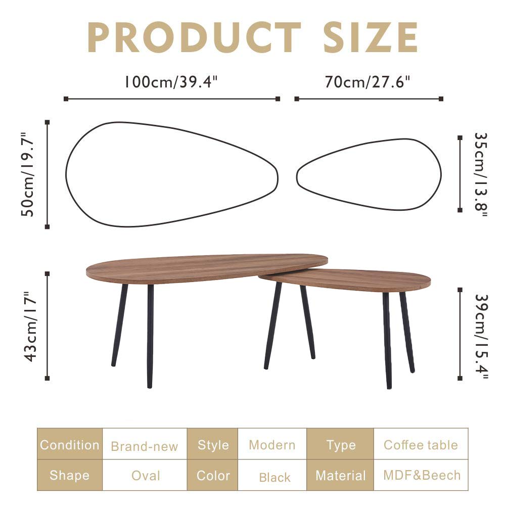 GOLDFAN Triangle Nesting Coffee Table Set of 2 - Walnut & Black Metal