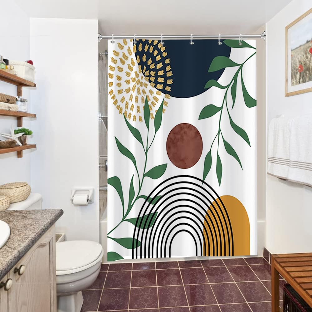 Abstract Boho Shower Curtain | Green Leaves Waterproof Fabric