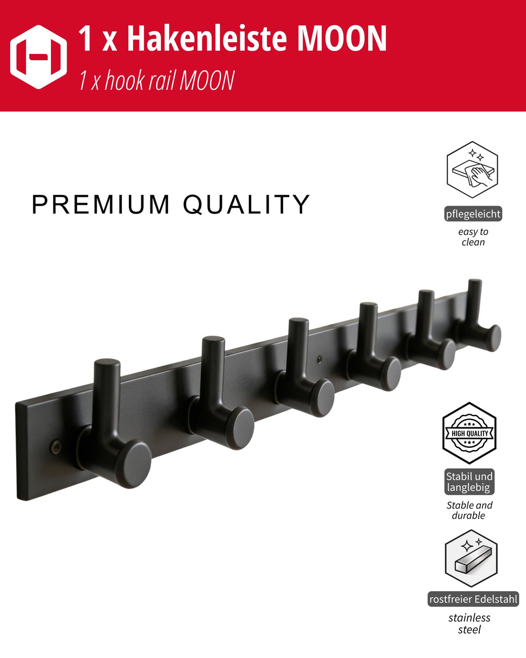Gedotec Coat Hooks Black matt 6 Hooks Coat Rail Hallway, Kitchen & Bathroom I Wall Coat Rack Moon I Hook Rail Black for screwing I Design Coat Rack - image 5