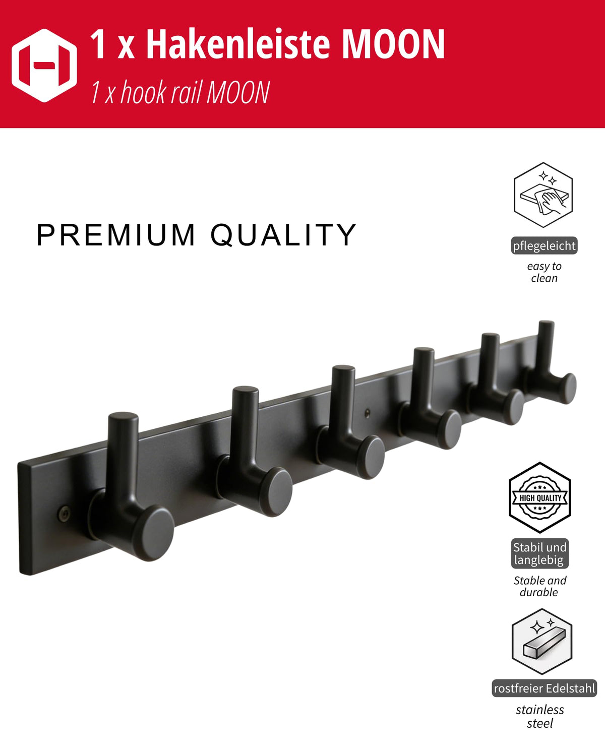 Gedotec Coat Hooks Black matt 6 Hooks Coat Rail Hallway, Kitchen & Bathroom I Wall Coat Rack Moon I Hook Rail Black for screwing I Design Coat Rack - image 5