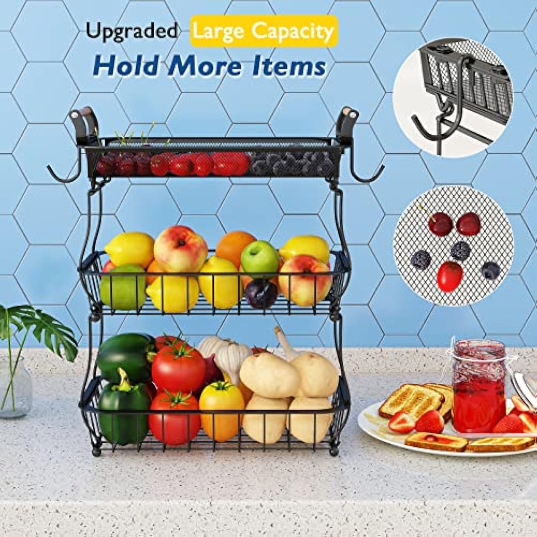 Antopy 3-Tier Fruit Basket with Banana Hangers – Metal Mesh Kitchen Stand