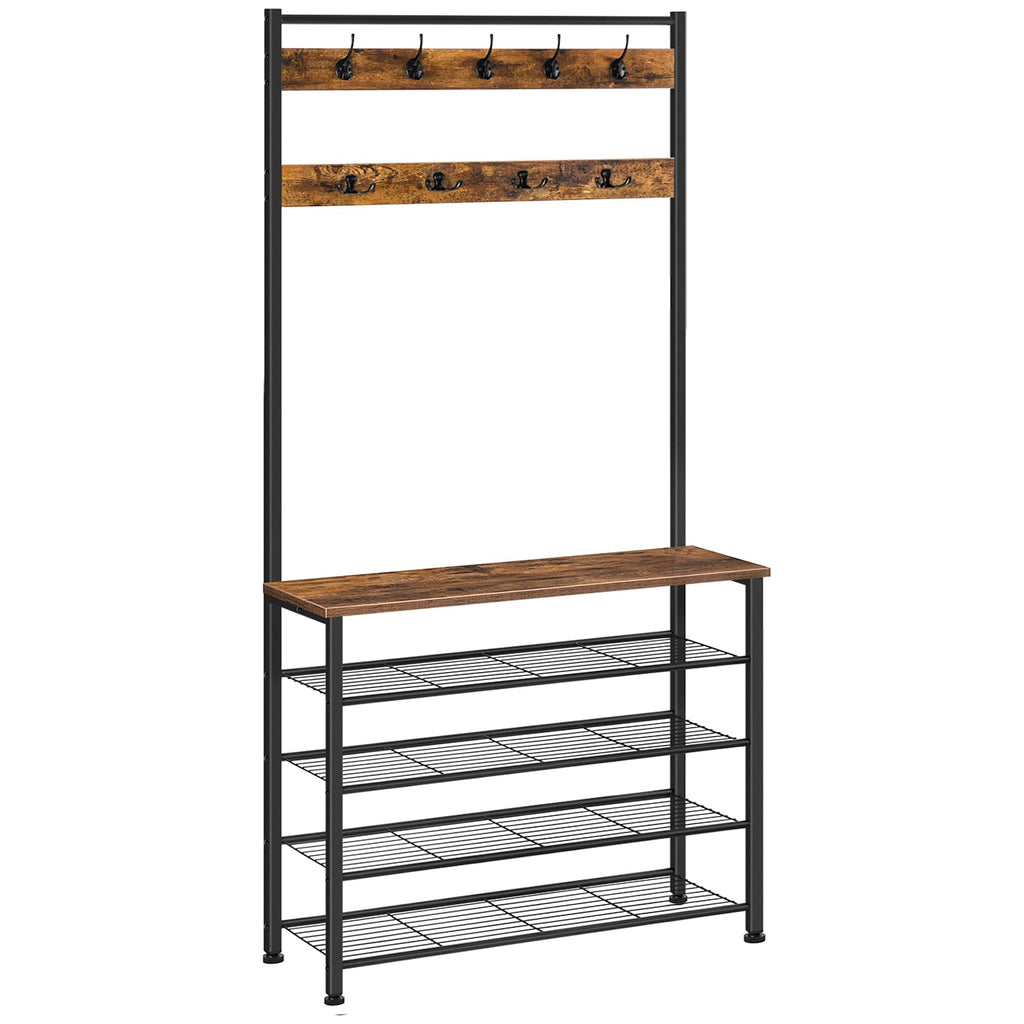 HOOBRO Hall Tree Coat Rack with Shoe Storage - Industrial Metal Frame