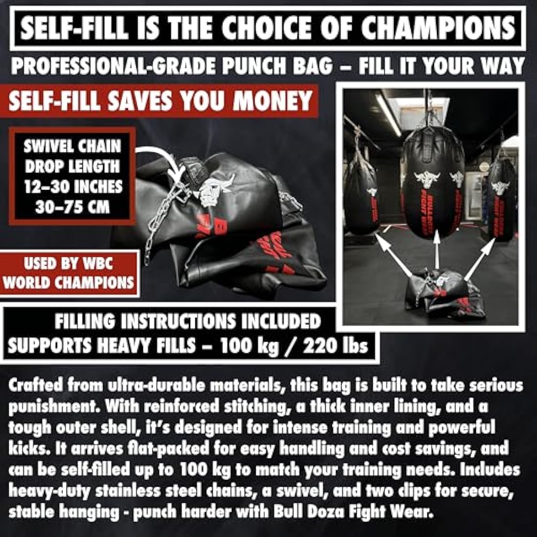 Bull Doza Fight Wear XXL Heavy-Duty Self-Fill Punching Bag with Chains