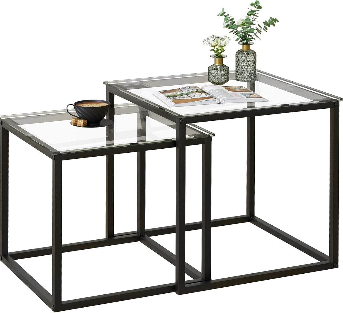 Huhote Nesting Tables, Set of 2 End Table, Coffee Tables, Glass Side Table - image 1