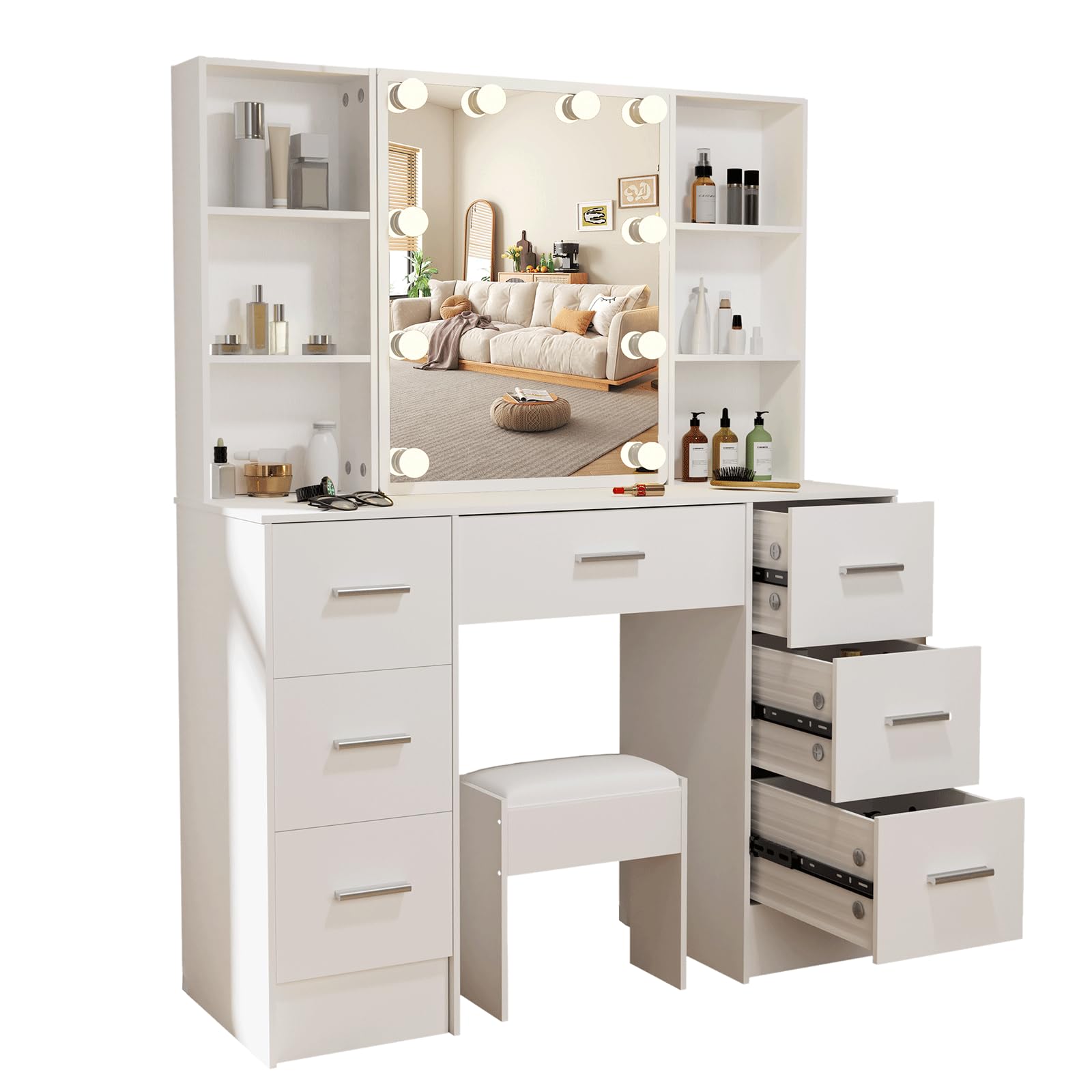 Umeiga White Vanity Desk with 7 Drawers, LED Lighted Mirror and Stool