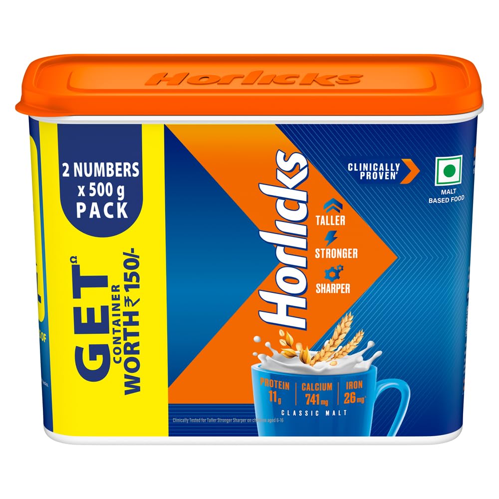 Horlicks Classic Malt Health Drink - 2 x 500g Packs with Container
