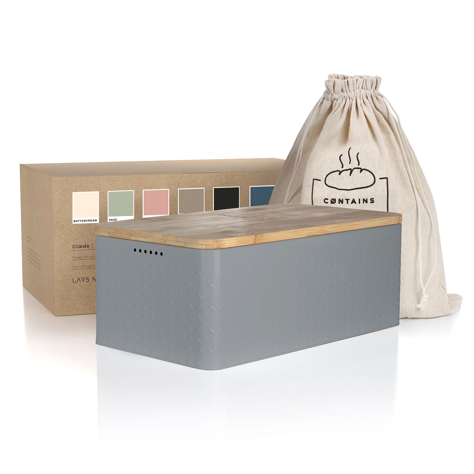 LARS NYSØM Metal Bread Bin with Bamboo Cutting Board Lid & Linen Bag