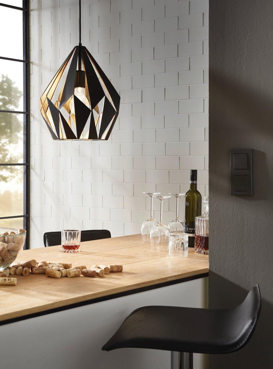 Eglo Carlton 1 Vintage Pendant Lamp | Black & Gold Geometric Steel