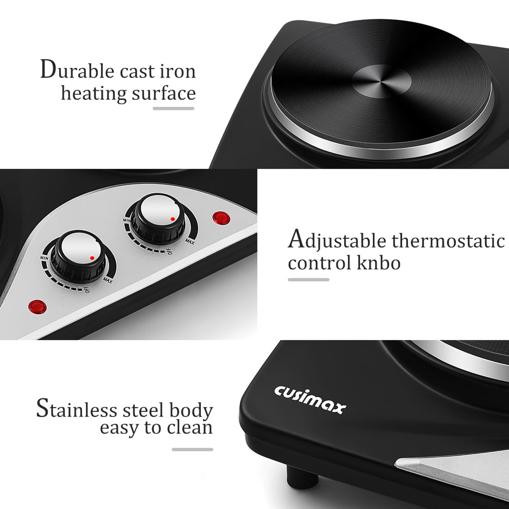 CUSIMAX 2500W Double Electric Hob – Portable Cast Iron Hot Plate Burner