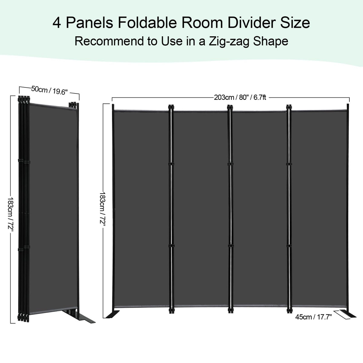 KEORTUN 4-Panel Room Dividers and Folding Privacy Screens 203W x183H cm Office Partition Freestanding Divider for Home Office, Grey - image 2