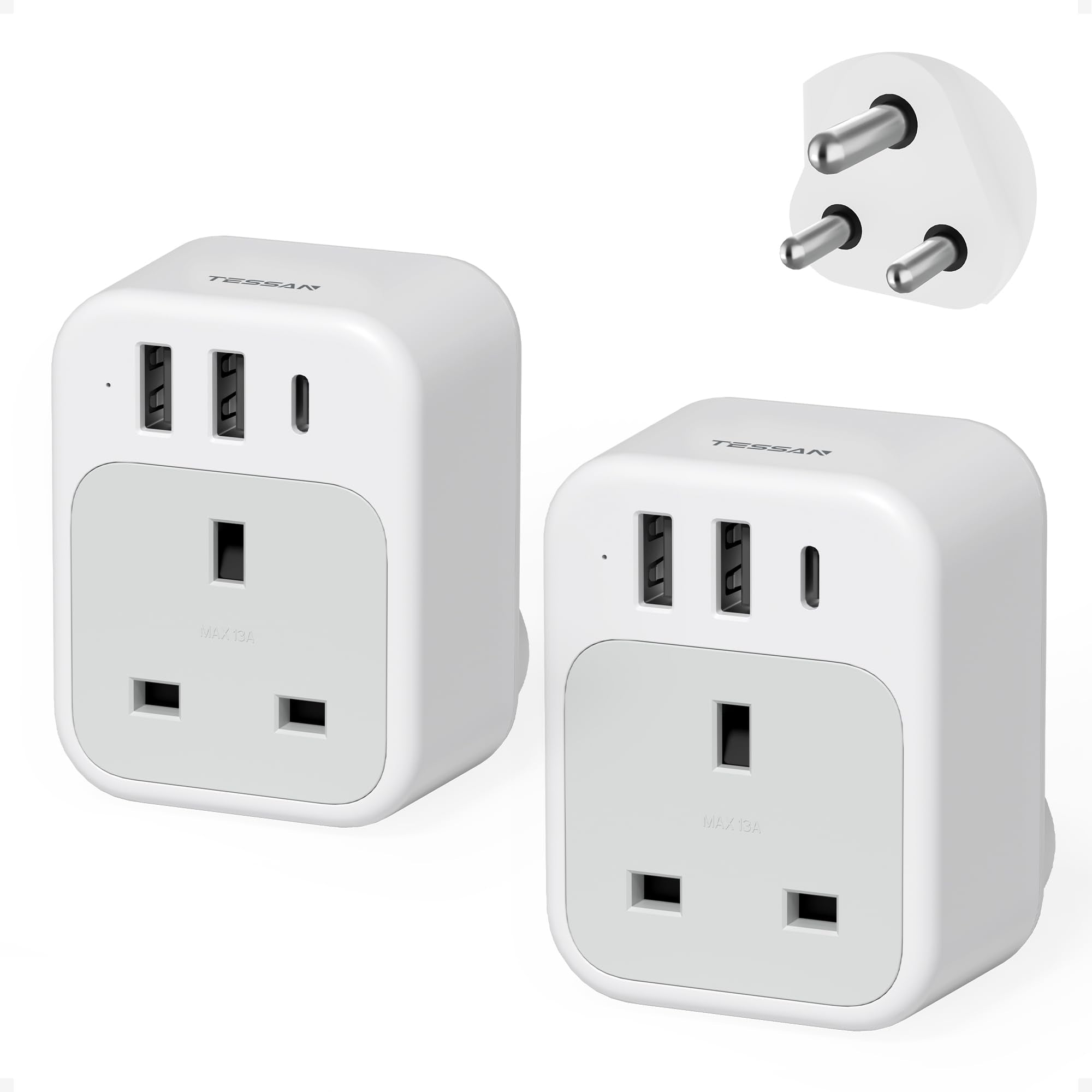 TESSAN UK to South Africa Plug Adapter (2 Pack) | Type M with USB C