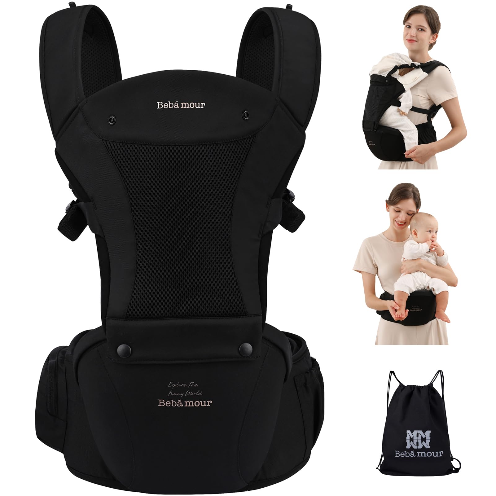 Bebamour Baby Carrier with Hipseat – Ergonomic Newborn to Toddler, Black