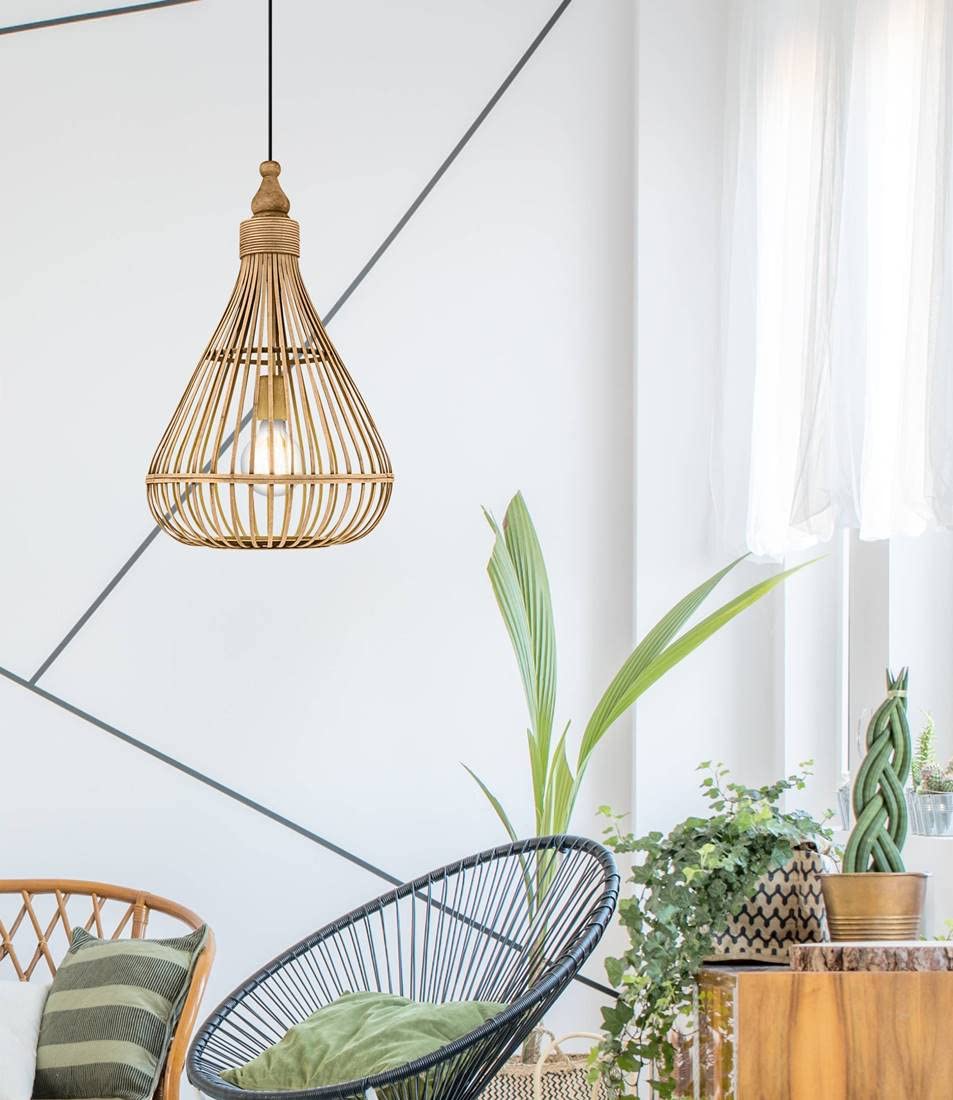 Eglo Amsfield Pendant Light – Vintage Boho Braided Wood Hanging Lamp