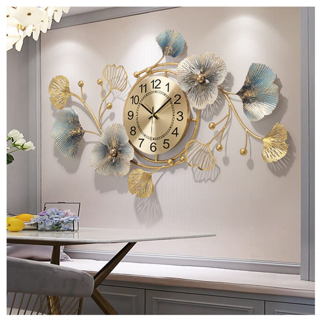 Large Silent Wall Clock | Modern Ginkgo Leaf Metal Art