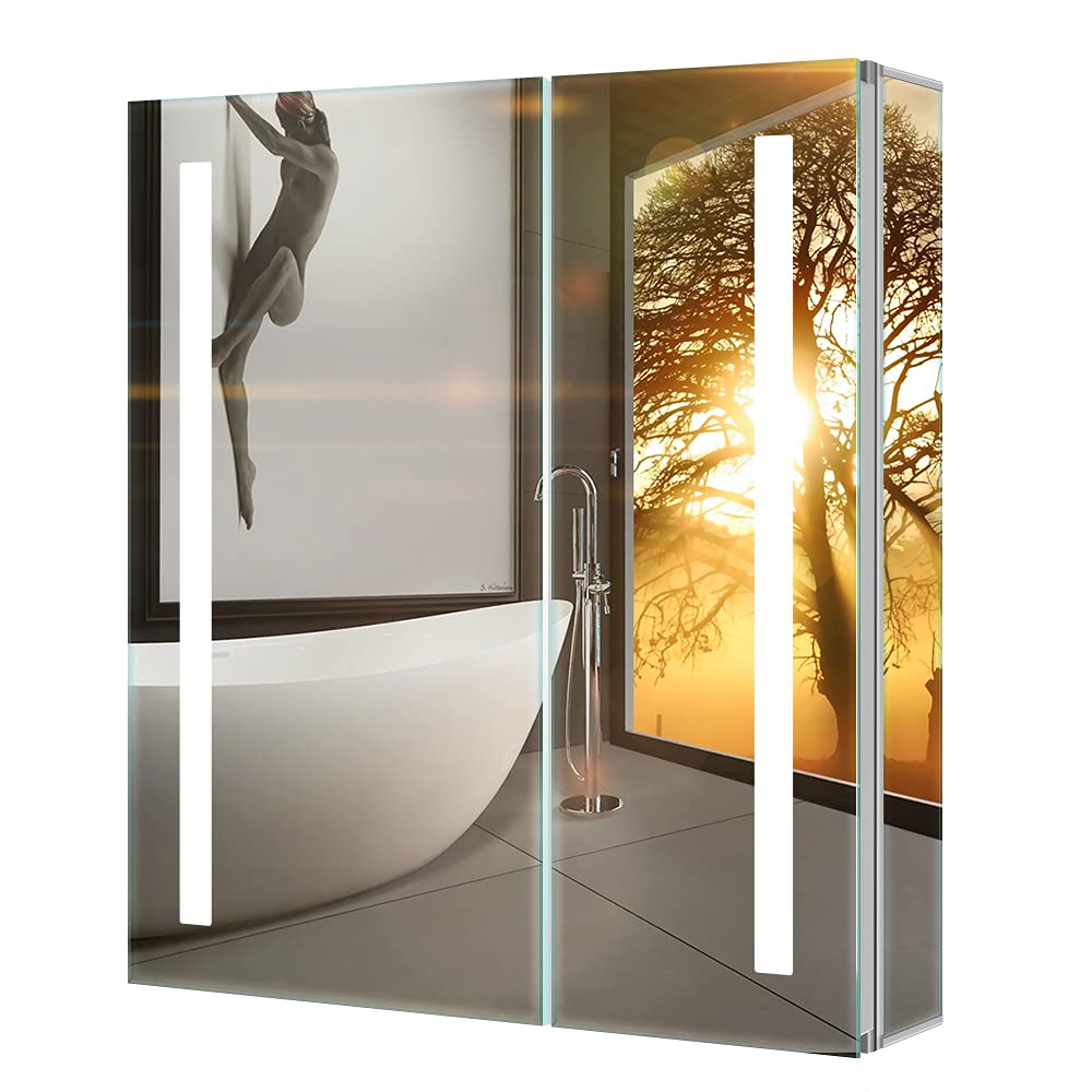Tokvon Penumbra LED Bathroom Mirror Cabinet - 63cm Double Door with Shaver Socket