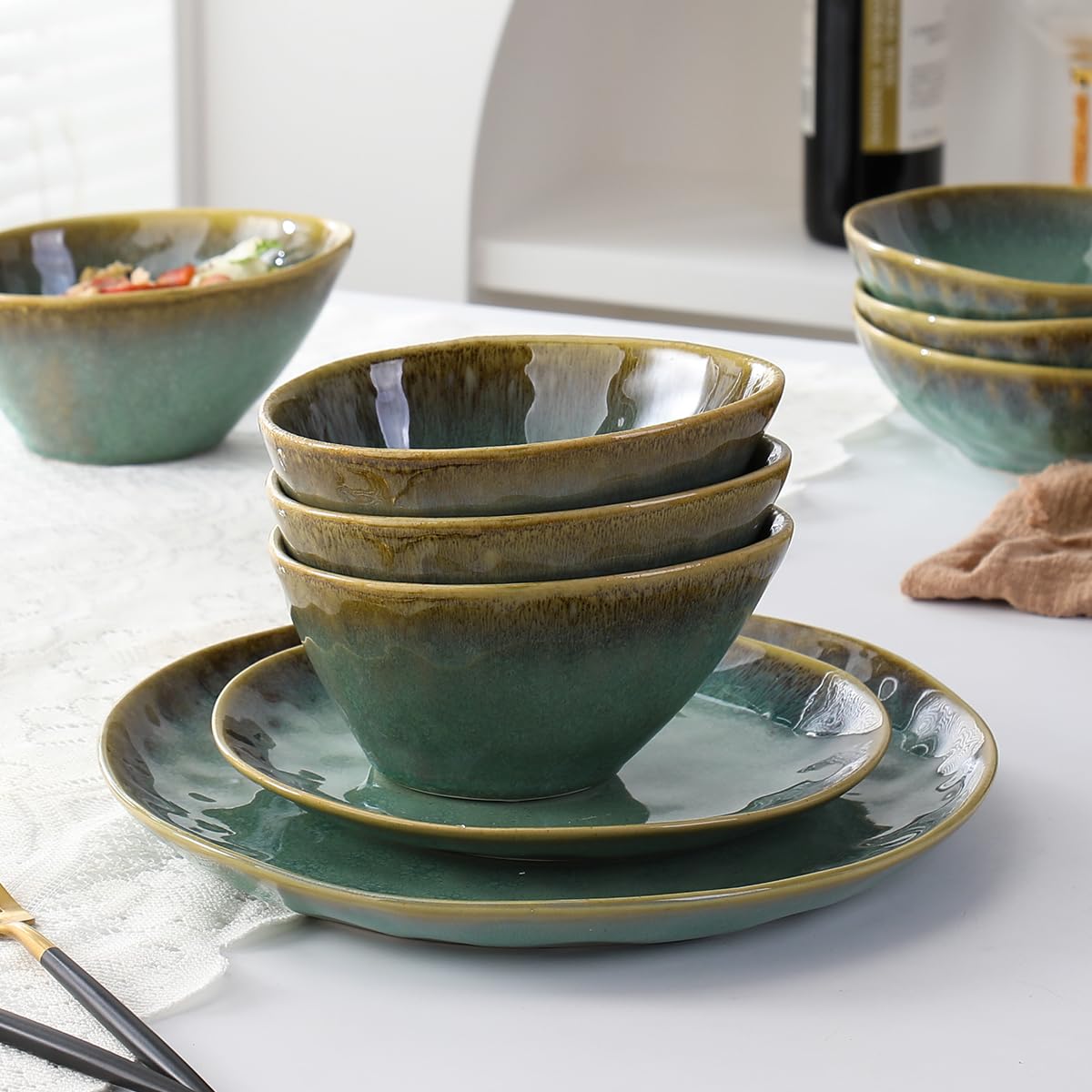 Henten Home Ceramic Ramen Bowl Set of 4 – 20 oz Green Stoneware Dishes