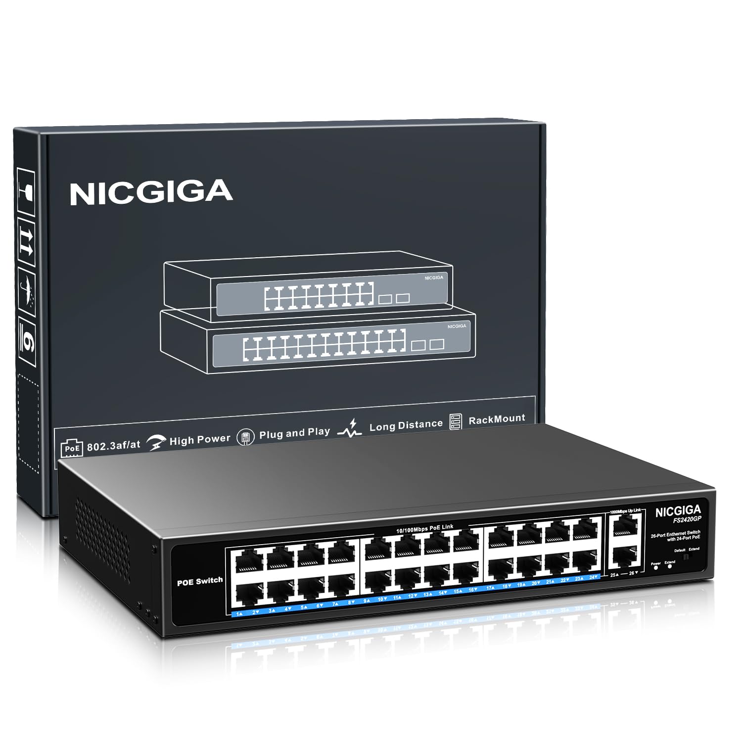 NICGIGA 24 Port PoE Switch – 400W Unmanaged Network Switch with VLAN