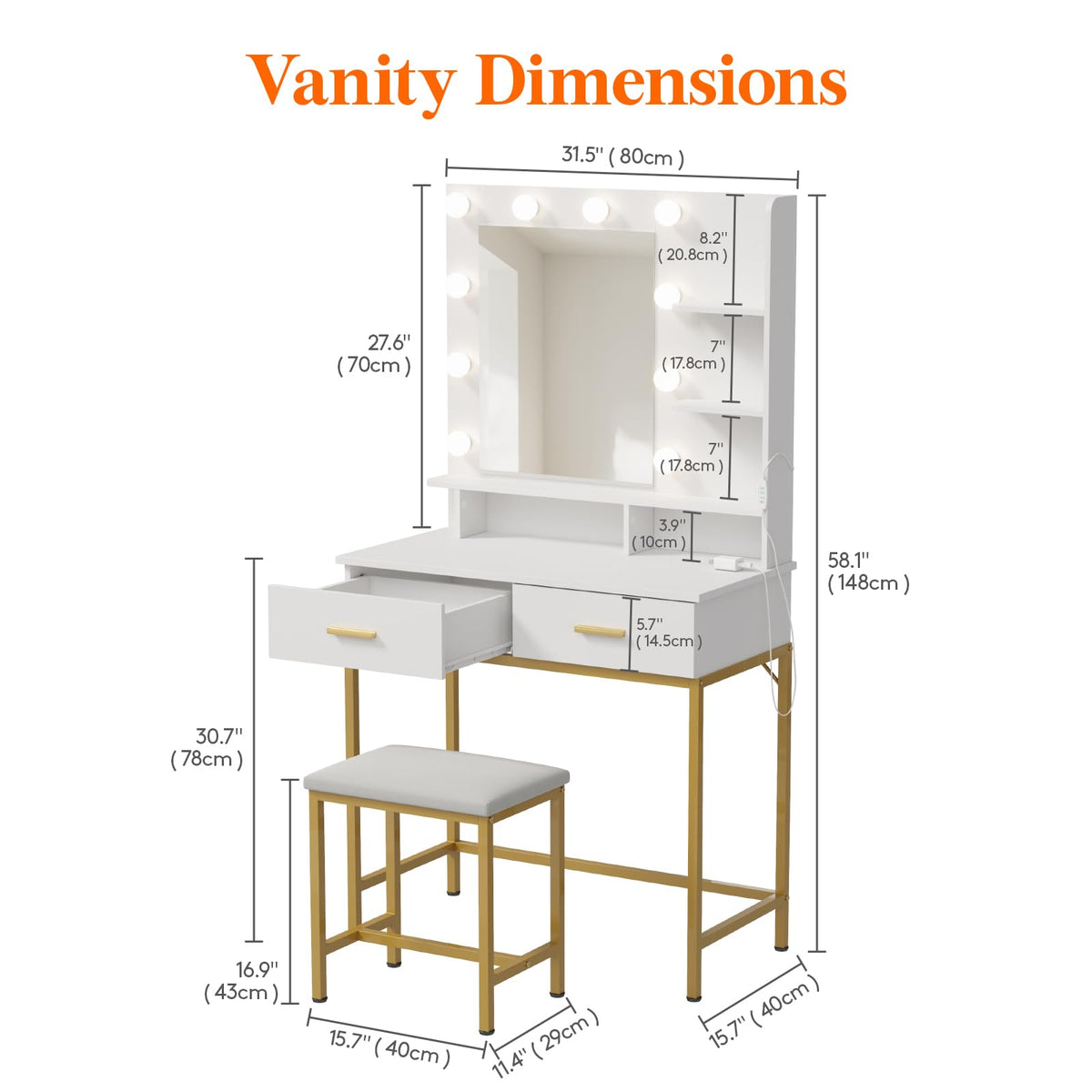 Lifewit Vanity with Mirror and Lights, Adjustable Color/Brightness, White Makeup Desk with 2 Drawers and Stool for Bedroom, Bathroom, Makeup Room