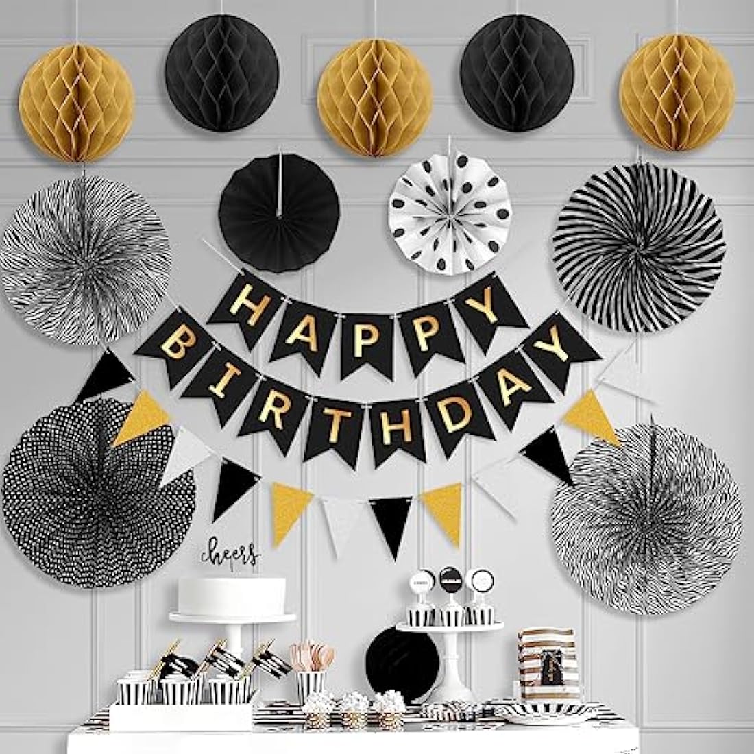 Wonsta Black and Gold Birthday Decorations - Reusable Party Kit