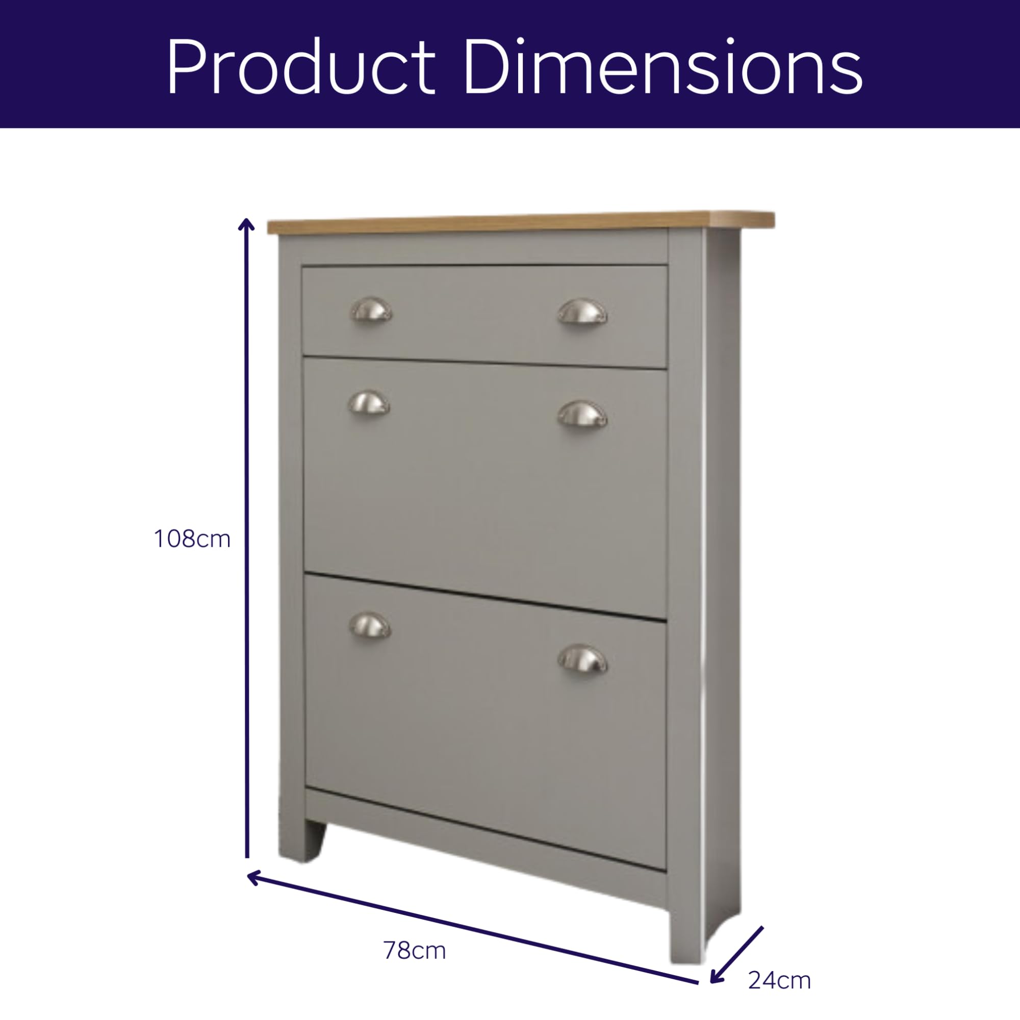 GFW Lancaster 2 Door 1 Drawer Shoe Cabinet – Grey with Oak Effect Top