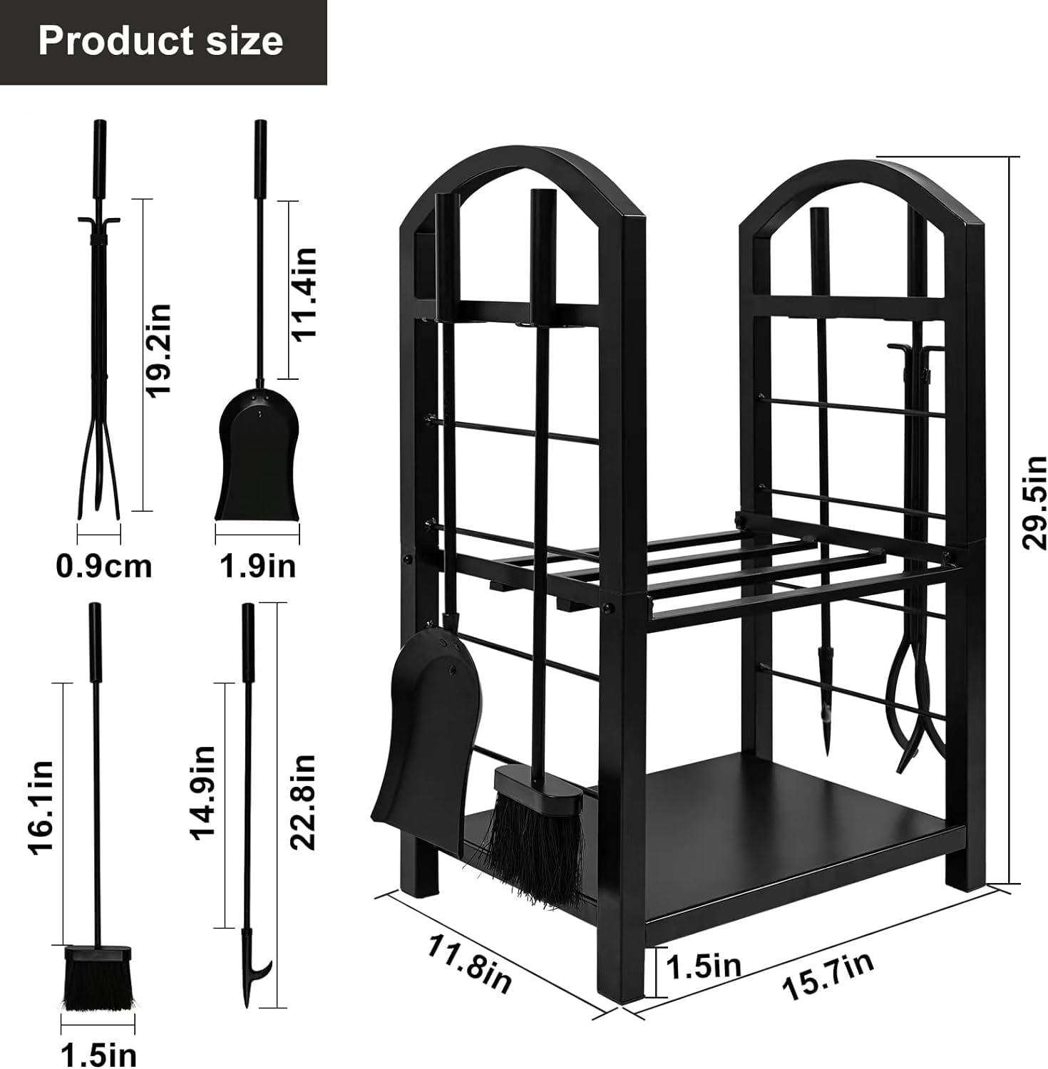 Amagabeli Wrought Iron Fireplace Log Rack with 4 Tools - Indoor Outdoor