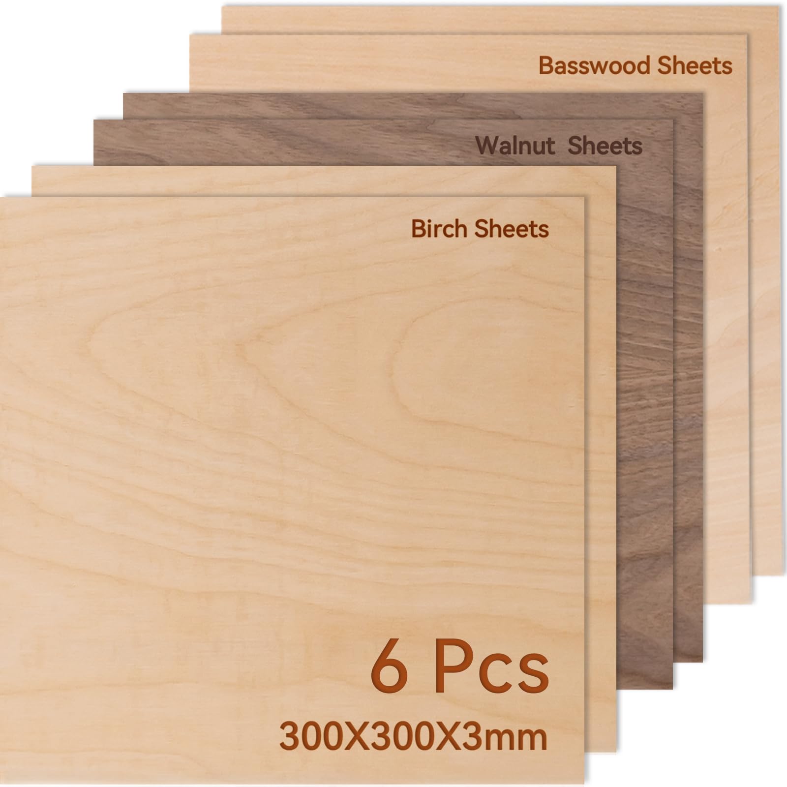 ROWOOD Plywood Sheets | 6PCS 300x300x3mm Walnut Basswood for Laser Cutting