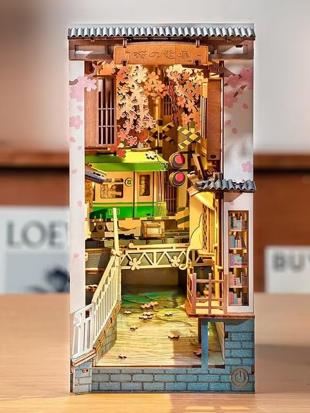 Rolife Sakura Densya Book Nook Kit – DIY 3D Wooden Puzzle with LED Light