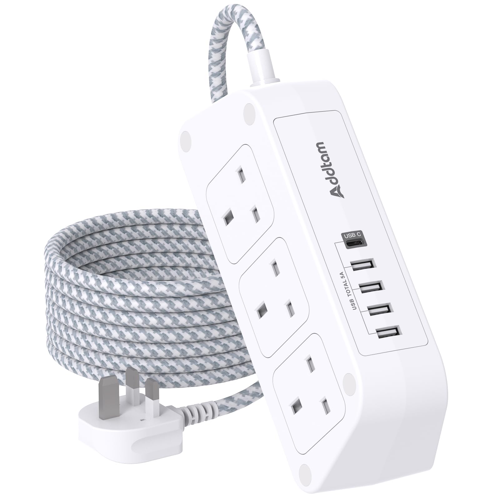 Addtam 6-Way Extension Lead with 5 USB Ports - 3M Surge Protected Power Strip
