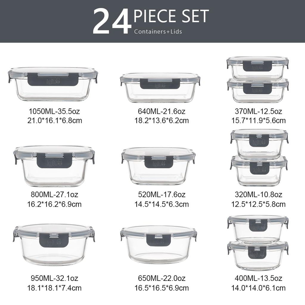 Igluu Glass Meal Prep Containers - 12 Pack Leakproof Borosilicate Glass