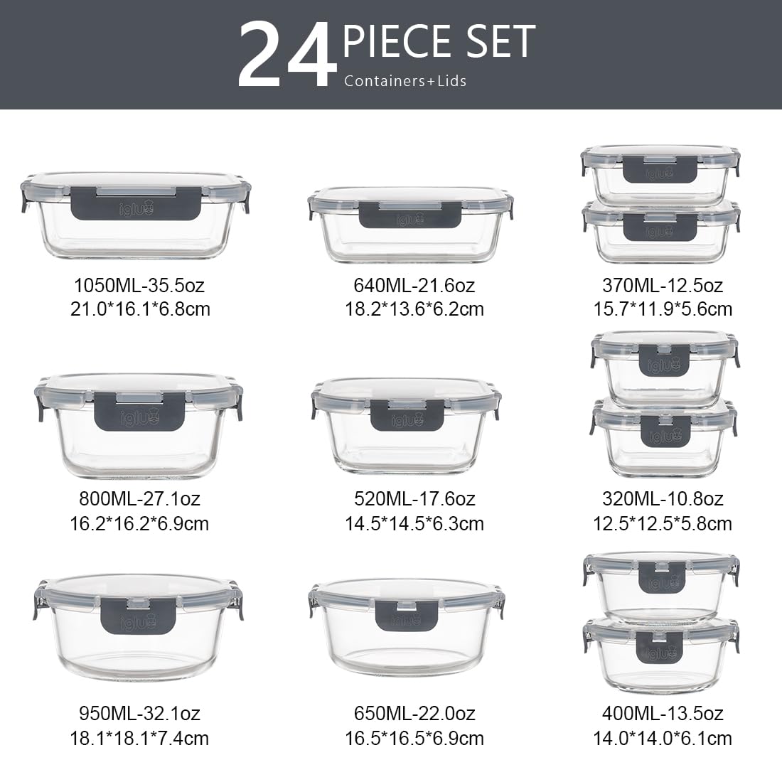 Igluu Glass Meal Prep Containers - 12 Pack Leakproof Borosilicate Glass