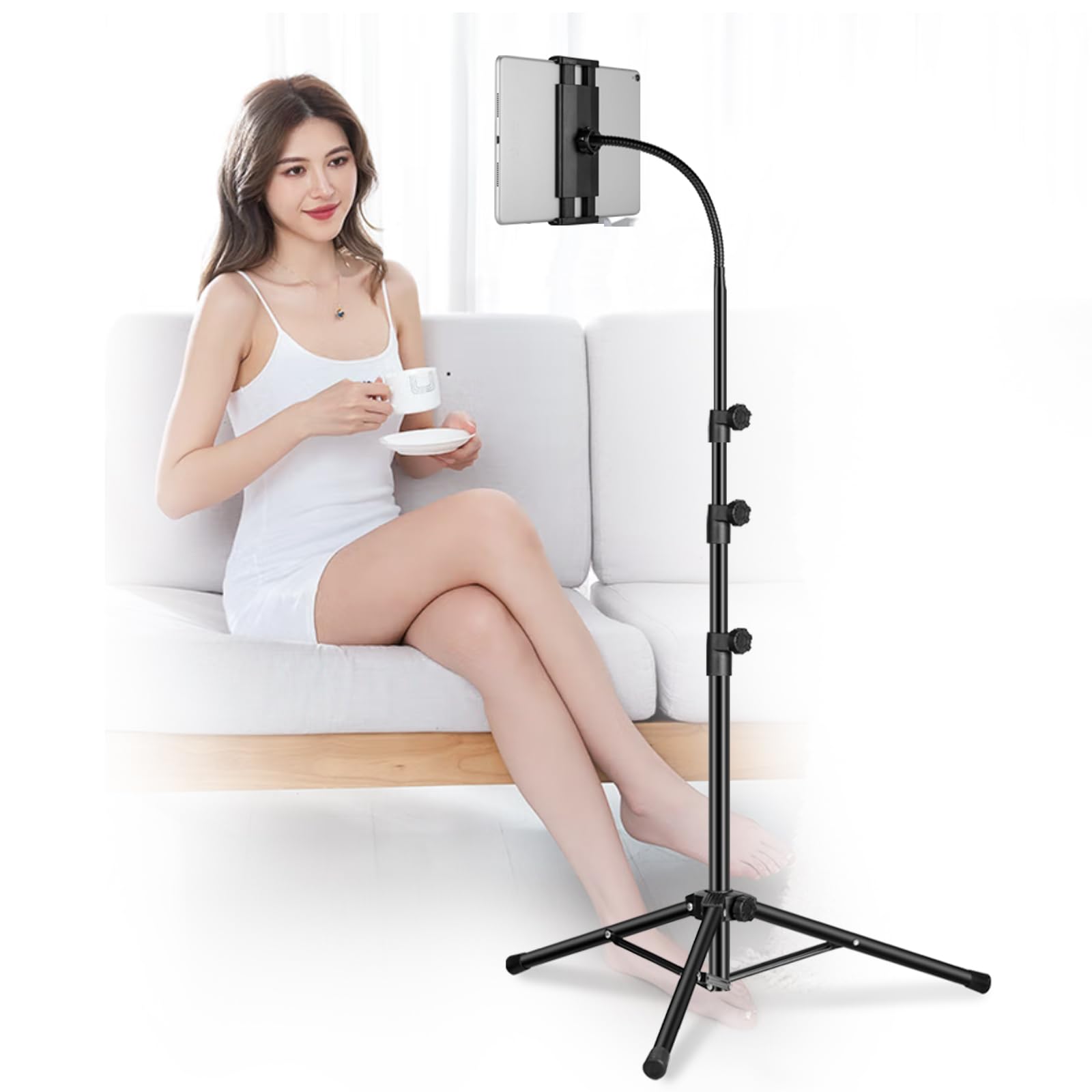 65" Gooseneck iPad Tripod Stand – 360° Floor Mount for 4.5-12.9"