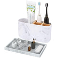 Jolof Store Marble Toothbrush Holder – 5 Slot Bamboo Caddy with Tray