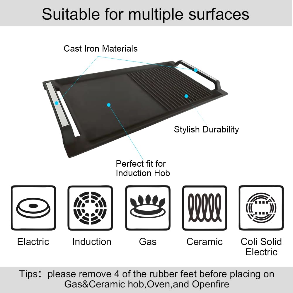 COVERCOOK Cast Iron Griddle Pan | Rectangular Dual-Surface Grill Pan
