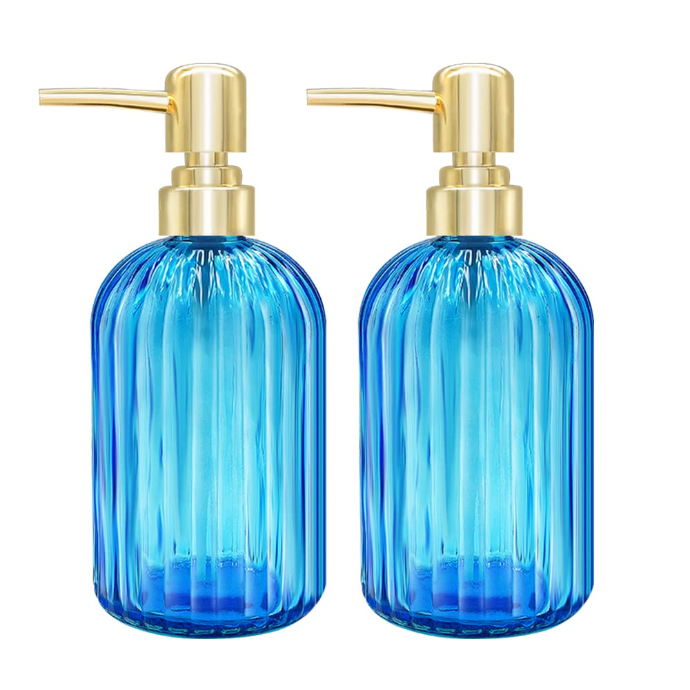 GCCL 2-Pack Glass Soap Dispenser - 14oz Transparent Blue Pump Bottle