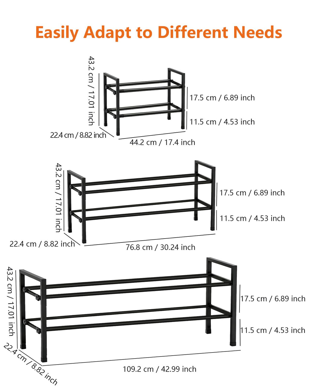Anhow Extendable Shoe Rack, 2 Tier Adjustable Shoe Storage, 44 to 109 cm, Black Metal Free Standing Shoe Rack, Space Saving for Wardrobe, Closet