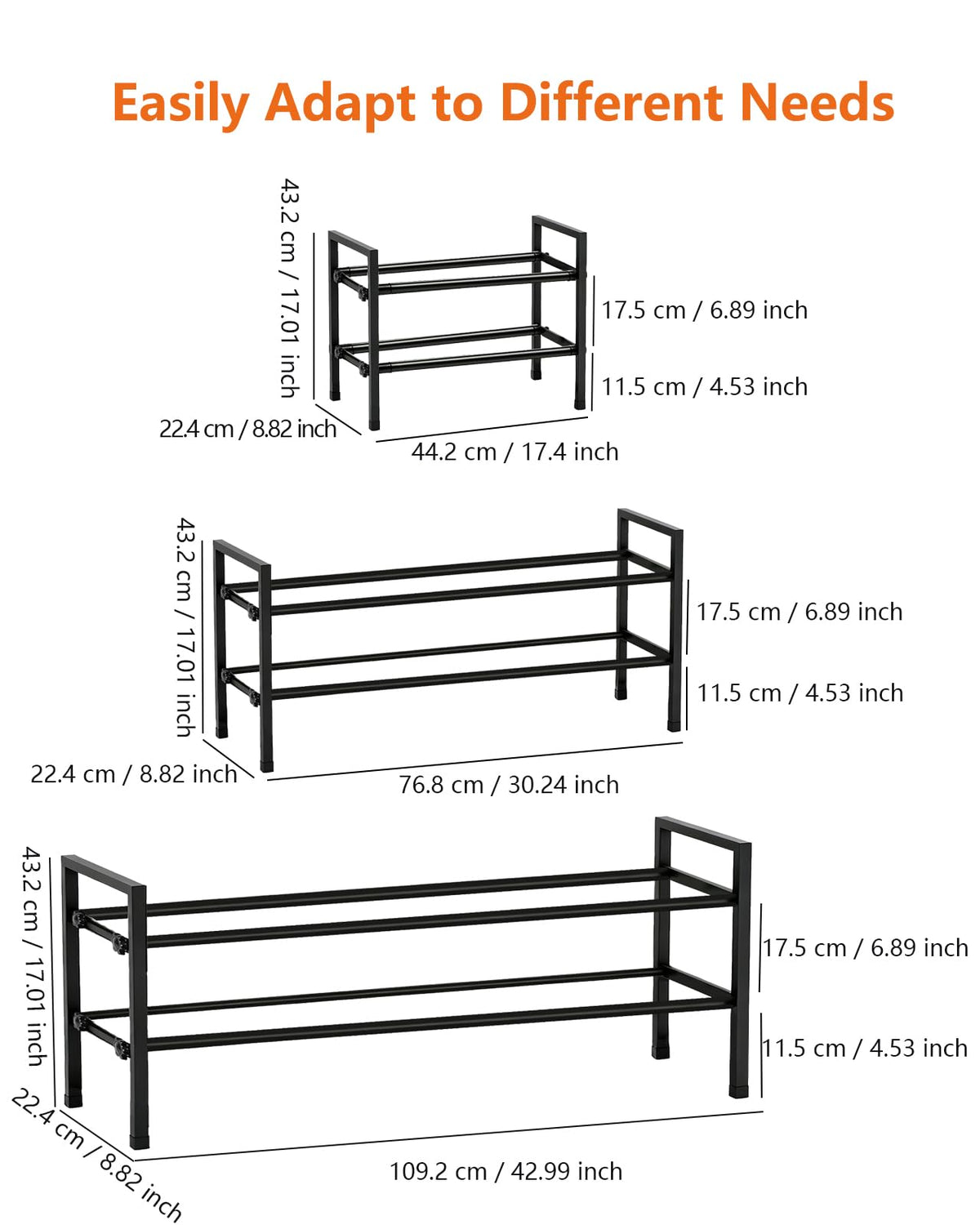 Anhow Extendable Shoe Rack, 2 Tier Adjustable Shoe Storage, 44 to 109 cm, Black Metal Free Standing Shoe Rack, Space Saving for Wardrobe, Closet