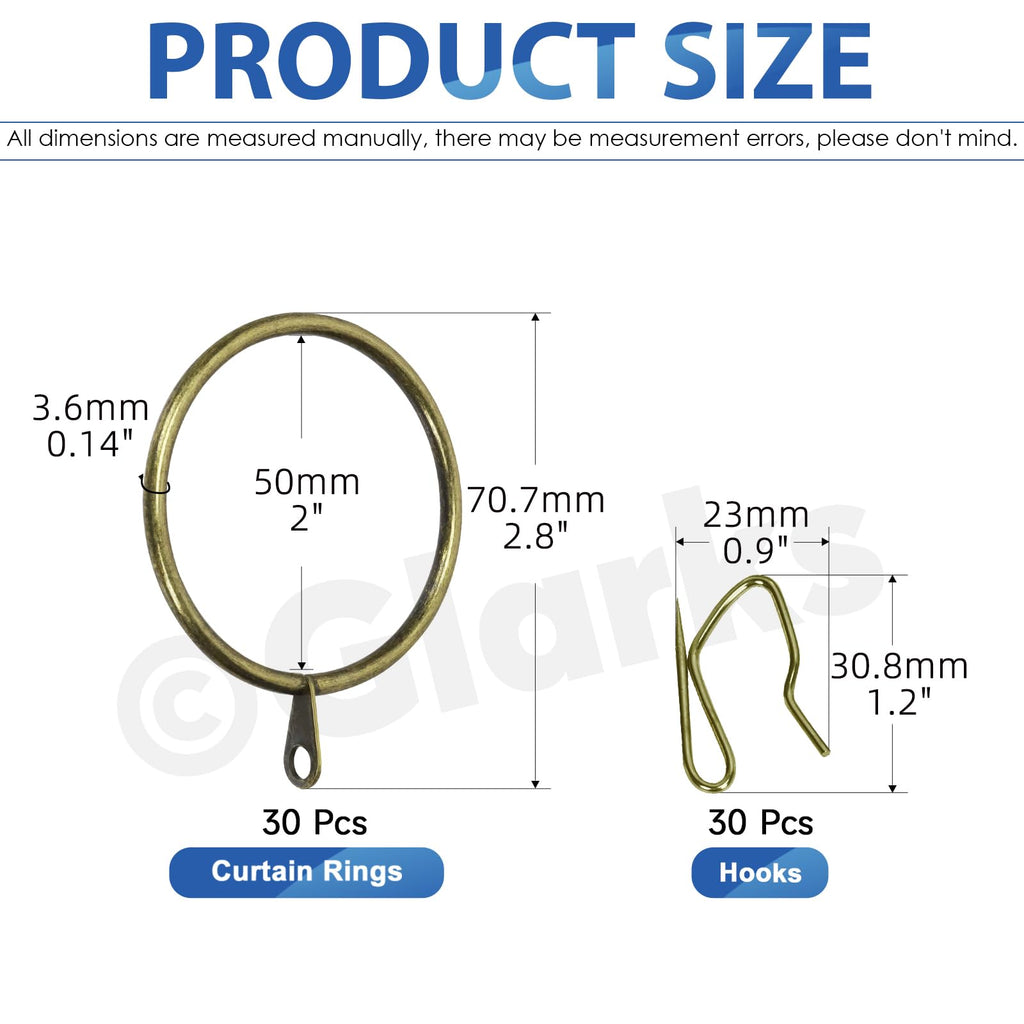 Glarks 30 Sets 50mm/2inch Verdigris Metal Drapery Curtain Hanging Rings Set, includes 30pcs Curtain Rings and 30pcs Drapery Pin Hooks - image 2