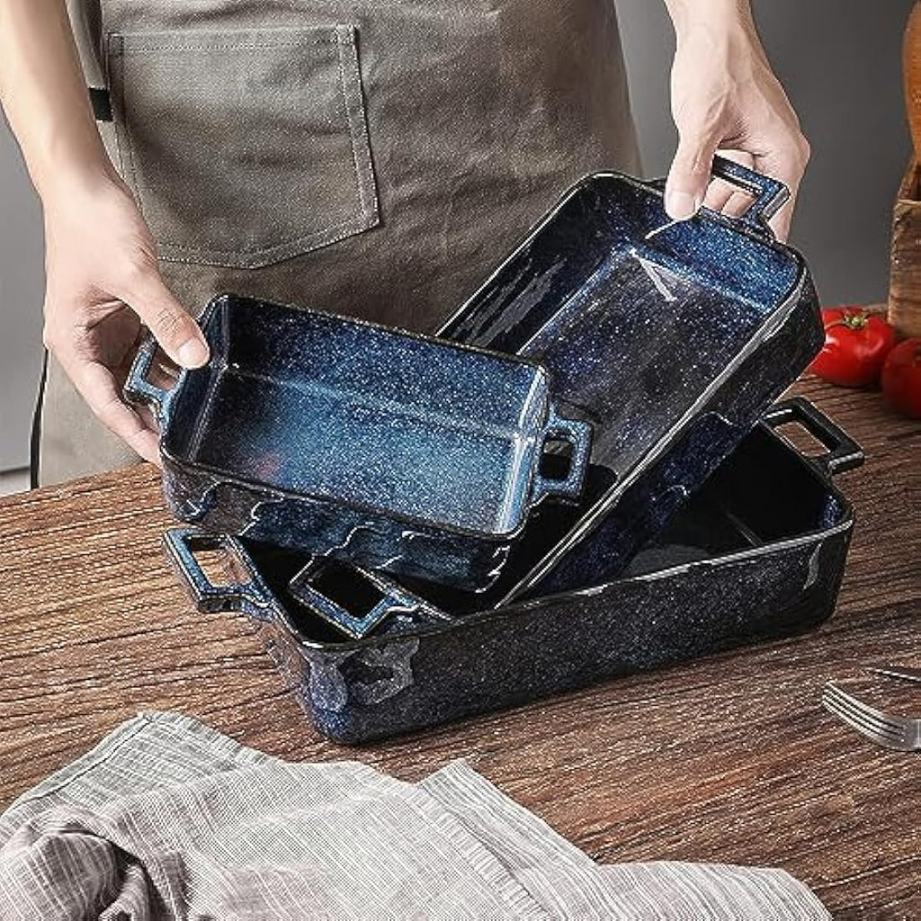 VICRAYS Ceramic Bakeware Set – 3 Piece Porcelain Lasagna Pans, Blue