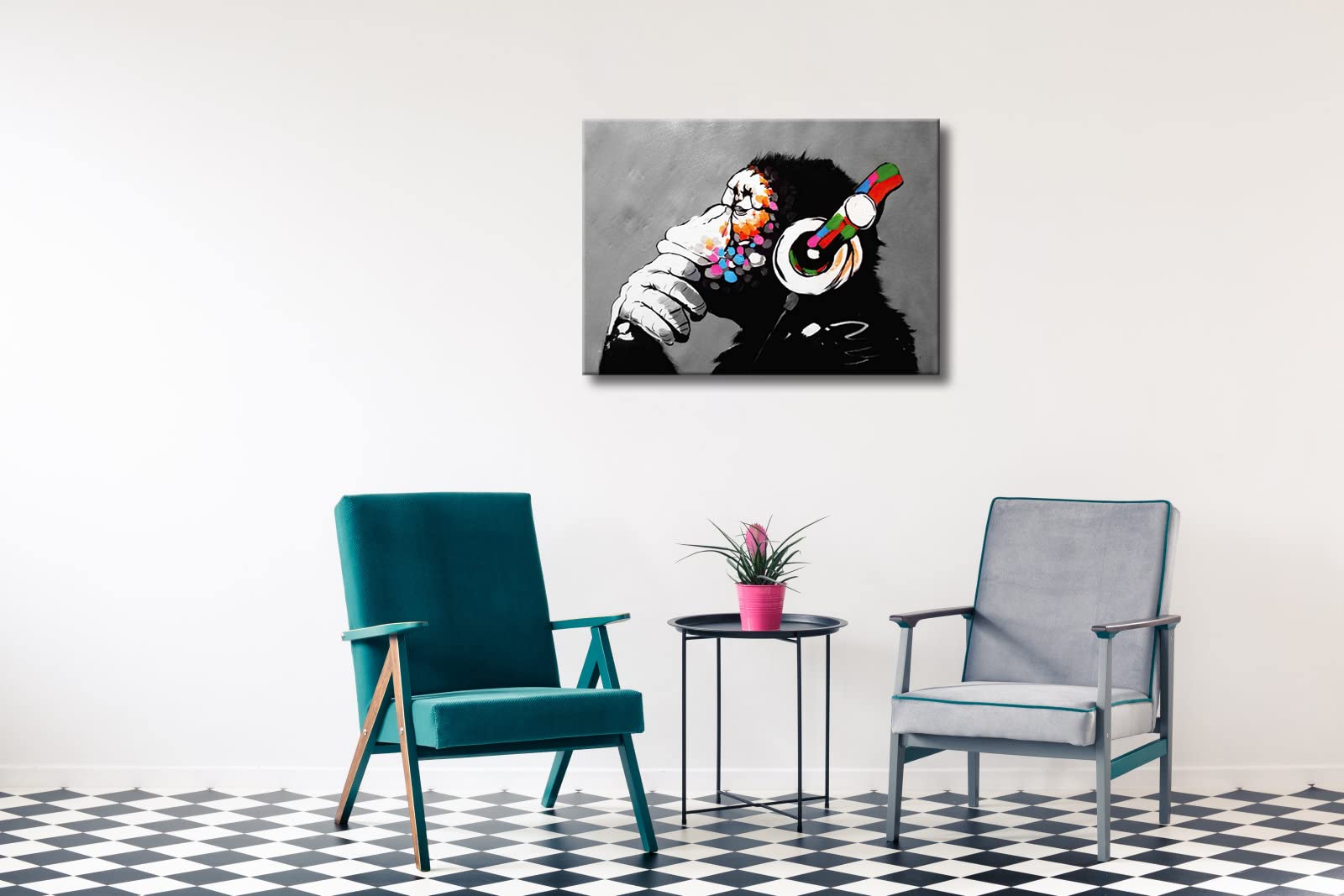 Banksy Monkey with Headphones Graffiti Canvas Art – 20x28in