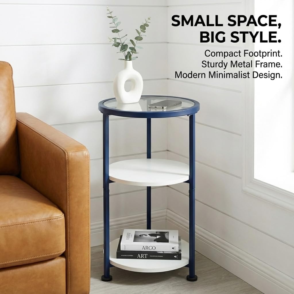 ZEXVIDA 3-Tier Round Side Table with Tempered Glass Top, Navy Blue - image 3