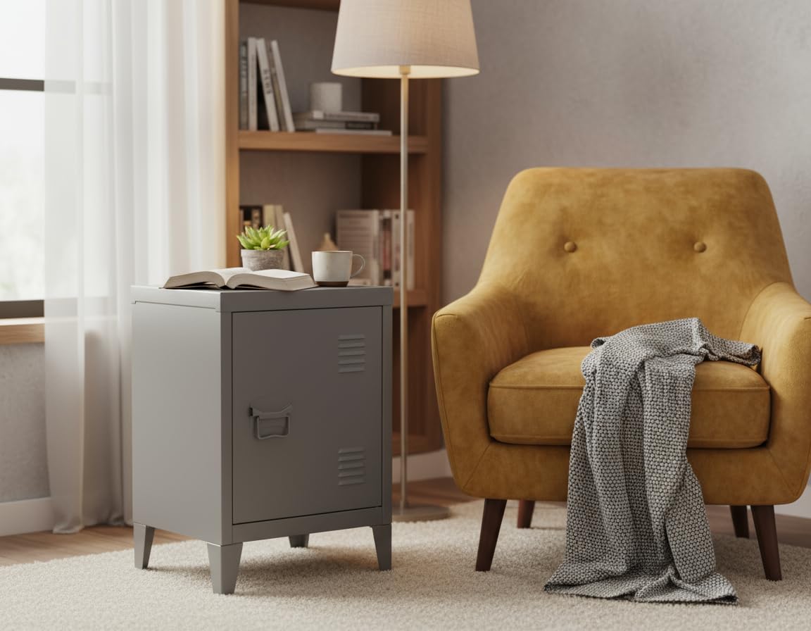 Homybec Small Metal Cabinet – 2-Tier Industrial Nightstand, Grey