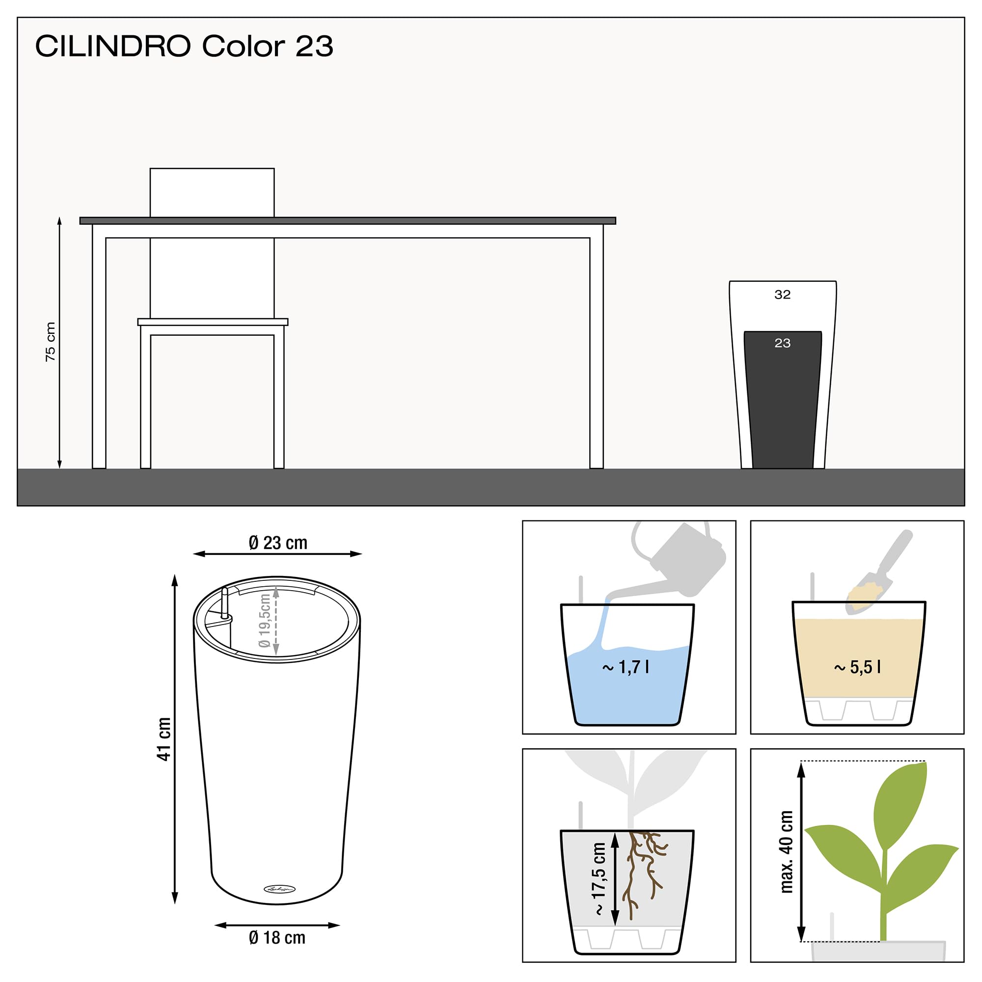 Lechuza Cilindro Color 23 Self-Watering Planter | Slate Plastic Pot