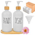 Luabue 2Pcs White Glass Soap Dispenser Set with Bamboo Pump and Tray