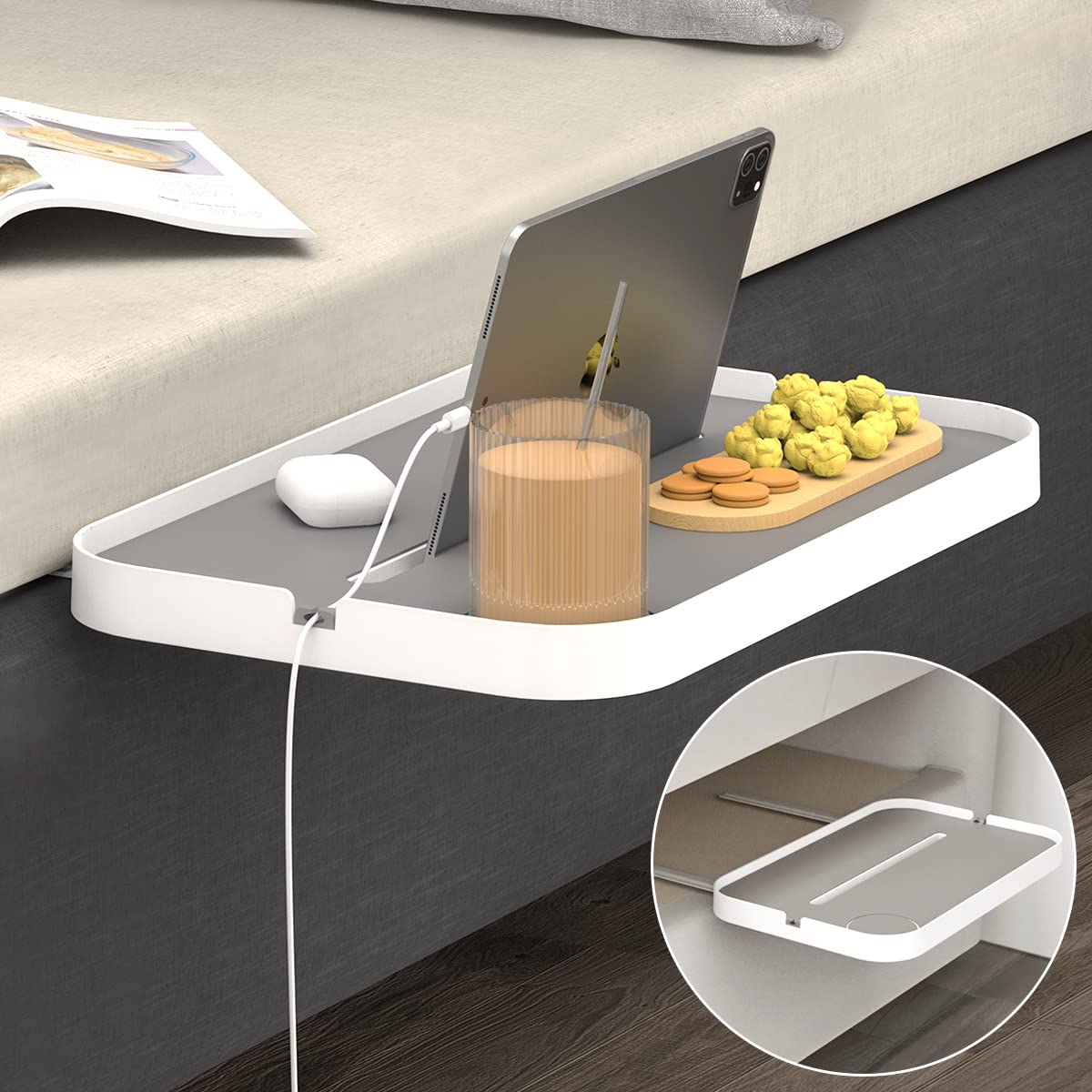 KIWIFOTOS Bedside Shelf Tray with Cup Holder and iPad Slot for Mattress