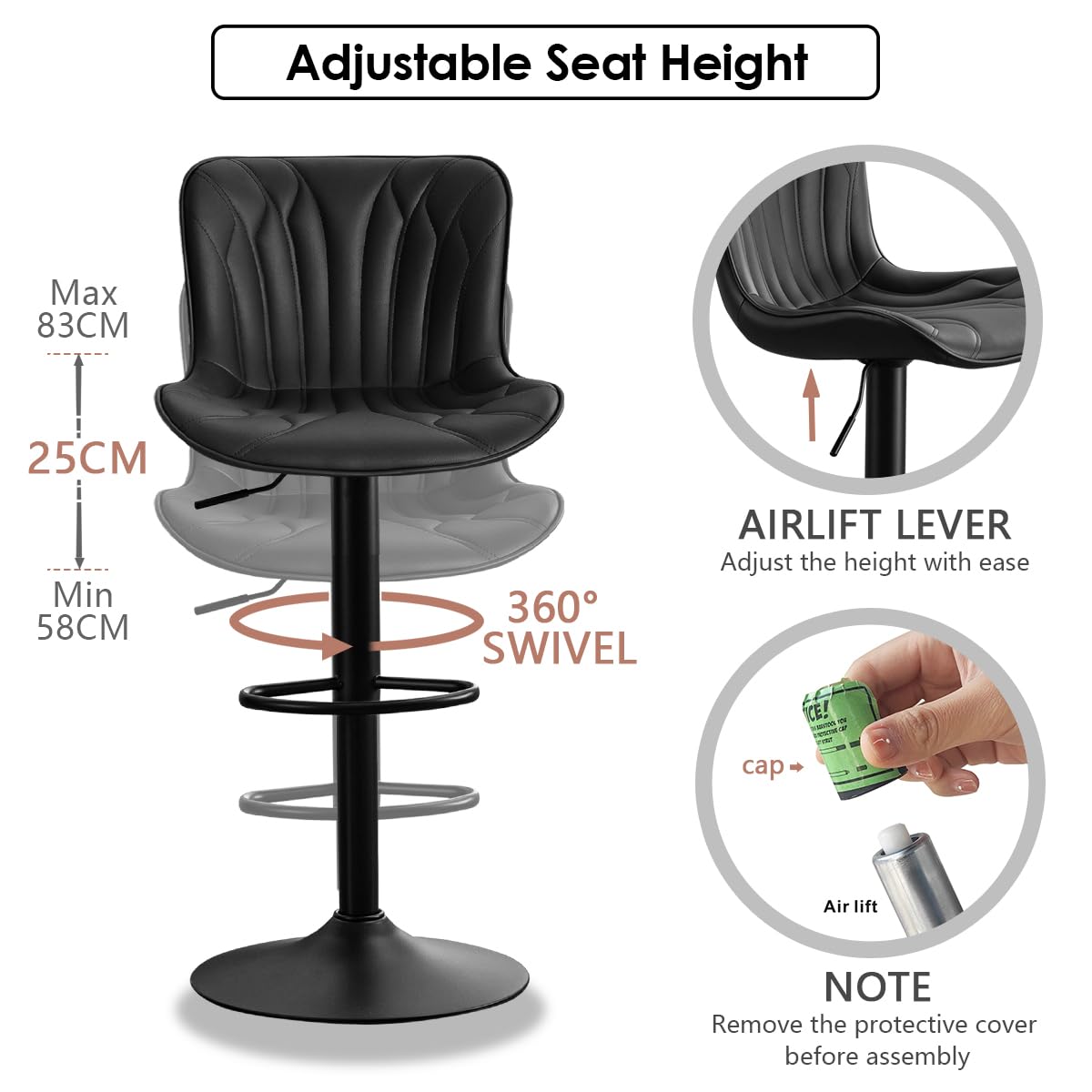 Kidol & Shellder Bar Stools Set of 2 Swivel Breakfast Barstools, Black - image 3