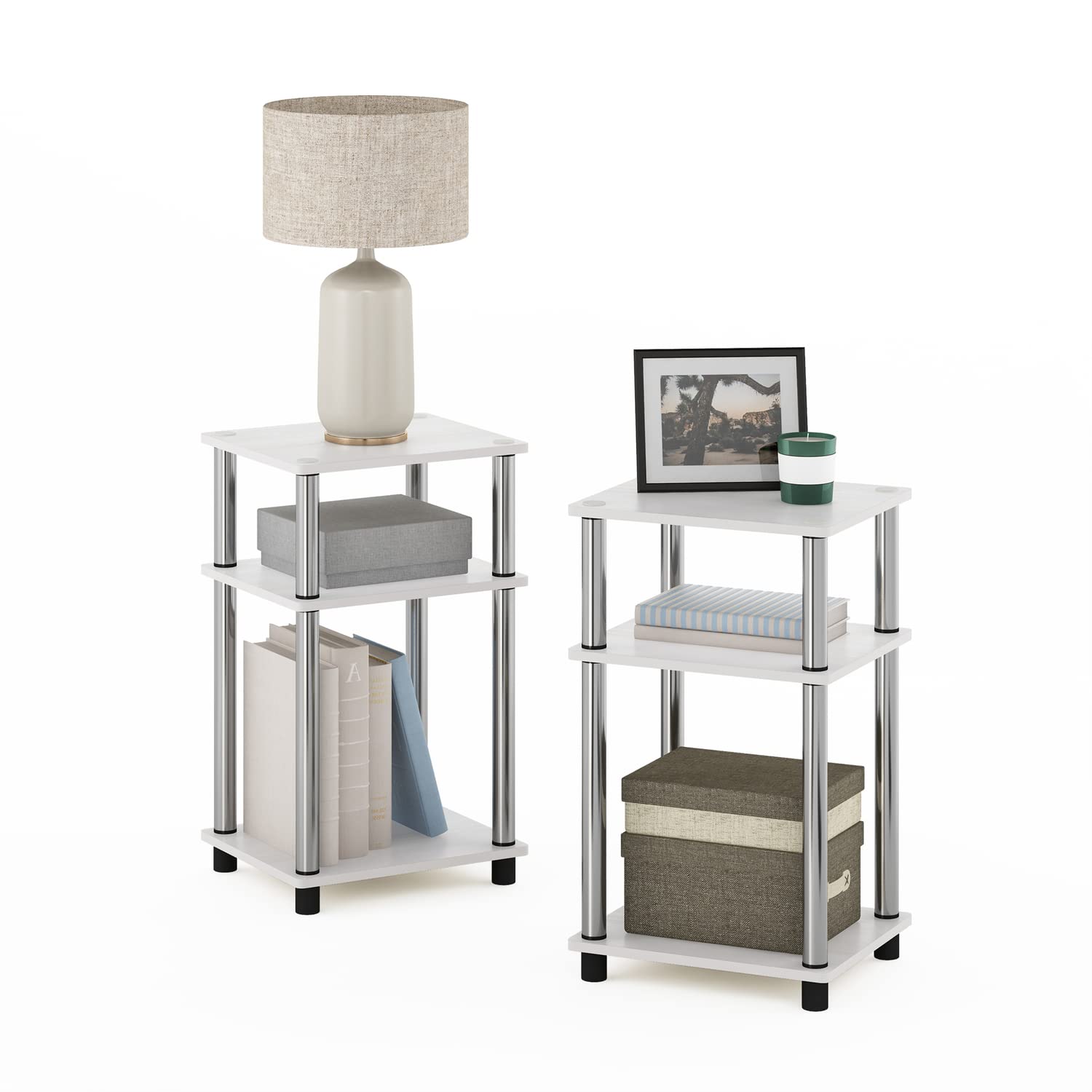 Furinno 3-Tier Turn-N-Tube Side Table Nightstand, White Oak, 2-Pack